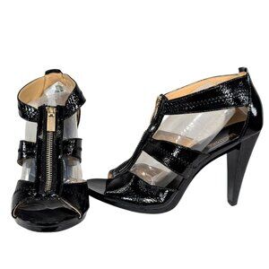 Michael Kors 7M Berkley Black Patent Leather Zip T-Strap Sandal Heels NWOB